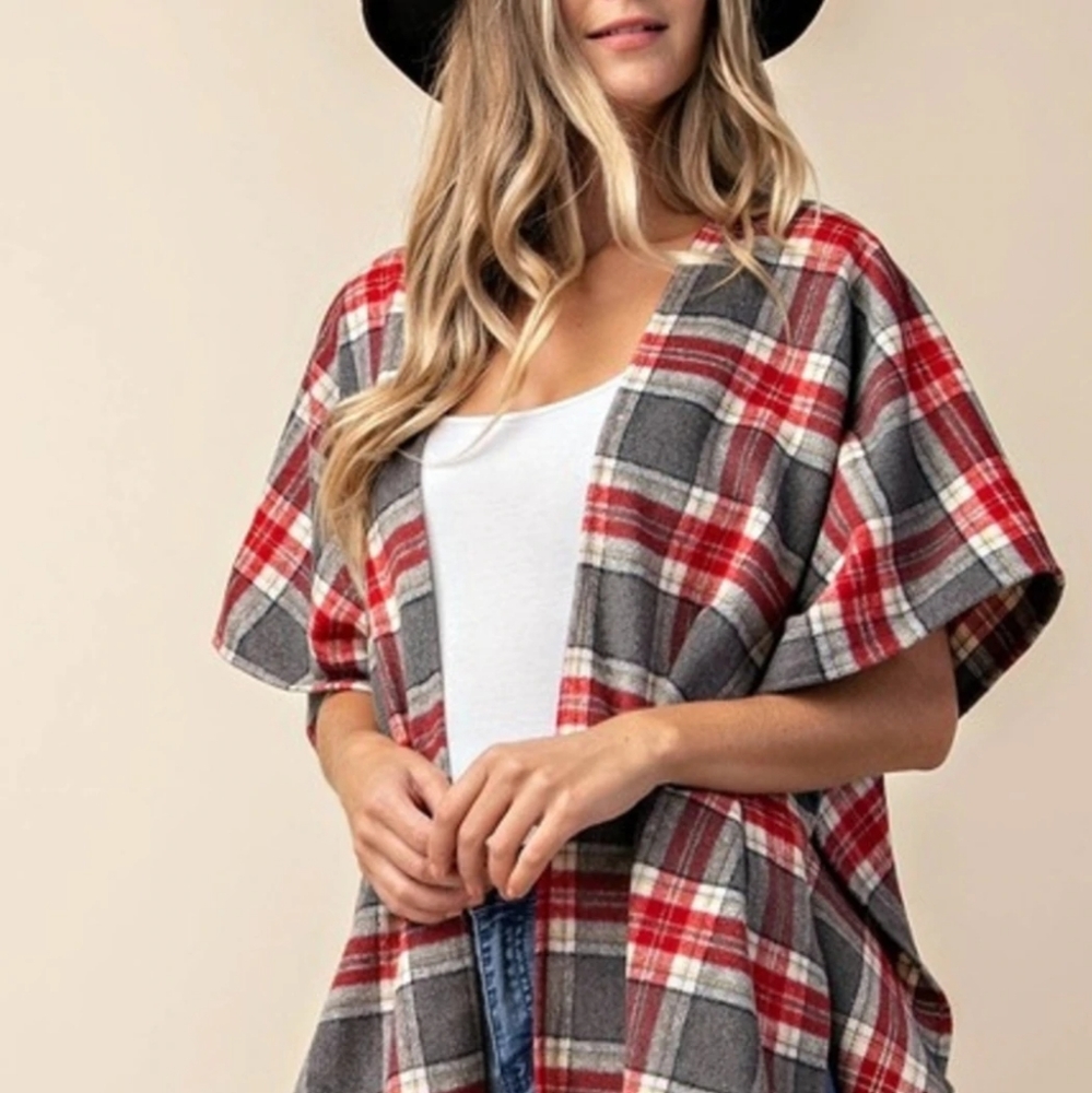Kori America Red and Gray Plaid Flannel Wrap NWT - Picture 1 of 12